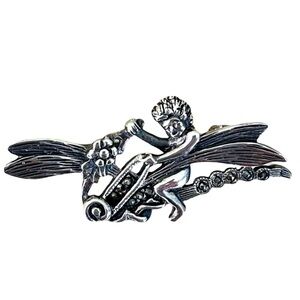 Vintage Art Deco Sterling Silver Cherub Riding a Dragonfly Brooch
